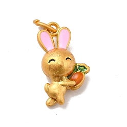 Pink Rack Plating Alloy Enamel Pendants, Cadmium Free & Lead Free, with Jump Ring, Matte Gold Color, Rabbit with Carrot, Pink, 19.5x11x7mm, Jump Ring: 6x1mm, Inner Dimeter: 4mm
