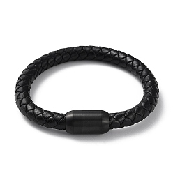 Black Leather Braided Round Cord Bracelet, with 304 Stainless Steel Magnetic Clasps for Men Women, Black, 8-1/4 inch(21.1cm)