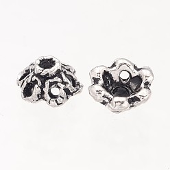 Antique Silver 6-Petal Filigree Flower Tibetan Silver Bead Caps, Cadmium Free & Lead Free, Antique Silver, about 6.5mm in diameter, Hole: 1mm
