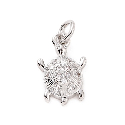 Platinum Brass Micro Pave Cubic Zirconia Charms, with Jump Ring, Sea Turtle Charm, Platinum, 13.5x8.5x3.5mm, Hole: 2.8mm