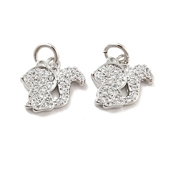 Platinum Squirrel Brass Micro Pave Clear Cubic Zirconia Charms, with Jump Ring, Cadmium Free & Lead Free, Platinum, 11x12x2mm, Hole: 3mm
