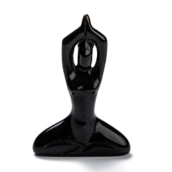 Obsidienne Décorations de déesse de yoga en obsidienne naturelle, cadeau de guérison de cristal reiki, décorations d'affichage à la maison, 13~14x49~51x73mm
