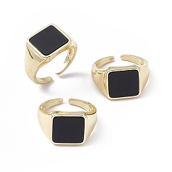 Black Agate Natural Black Agate Square Open Cuff Ring, Golden Brass Jewelry for Women, Cadmium Free & Lead Free, Inner Diameter: 16mm