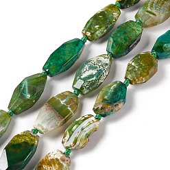 Green Natural Agate Beads Strands, Dyed, Faceted, Polygon, Green, 27~45x16~18x6.5~9mm, Hole: 1.6mm, about 9~14pcs/strand, 15.75~17.32 inch(40~44cm)