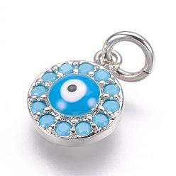 Platinum Brass Micro Pave Cubic Zirconia Charms, Real Platinum Plated, Evil Eye, 11x9x3mm, Hole: 3mm