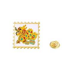 Oro Alfileres de esmalte de aleación de estilo chino, broche cuadrado con sello de dragón, oro, 28x28 mm