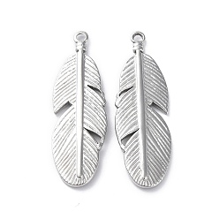 Stainless Steel Color 304 Stainless Steel Pendants, Feather Charms, Stainless Steel Color, 39.5x13x2.5mm, Hole: 1.5mm