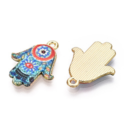 Dodger Blue Printed Light Gold Tone Alloy Pendants, Hamsa Hand with Eye Charms, Dodger Blue, 23x18x2mm, Hole: 1.4mm