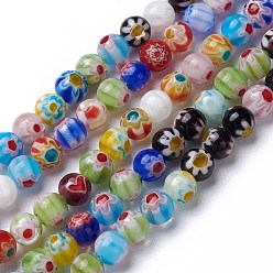 Color mezclado Vidrio millefiori hecho a mano hilos de perlas ronda, color mezclado, 6 mm, agujero: 1 mm, sobre 65~66 unidades / cadena, 14.5 pulgada
