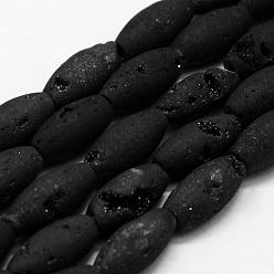 Black Electroplated Natural Druzy Geode & Dyed Agate Bead Strands, Rice, Black, 17x8mm, Hole: 1.5mm, about 12pcs/strand, 7.67 inch