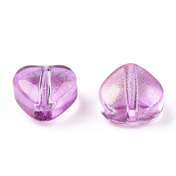 Orchid Transparent Spray Painted Glass Beads, with Glitter Powder, Heart, Orchid, 6x6x4mm, Hole: 0.7mm