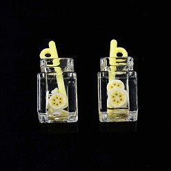 Jaune Clair Pendentifs en résine imitation boisson, argile polymère banane à l'intérieur, avec bouteille acrylique, jaune clair, 25~28x12x11mm, Trou: 1.8mm