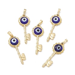 Medium Blue Handmade Evil Eye Lampwork Pendants, with Rack Plating Real 18K Gold Plated Brass Findings, Long-Lasting Plated, Flower Key with Heart, Medium Blue, 33x12x3.5mm, Hole: 4x7mm