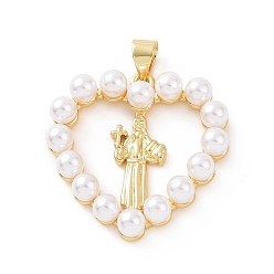Golden Brass with ABS Plastic Imitation Pearl Pendants, Heart with Priest Charm, Golden, 25.5x25x5mm, Hole: 3.5x5mm