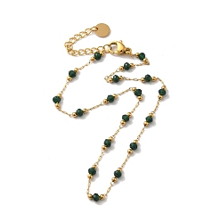 Dark Green Glass Round Beaded Link Chain Necklace, Golden 304 Stainless Steel Jewelry for Women, Dark Green, 9.84 inch(25cm), Extension Chain: 4.5cm