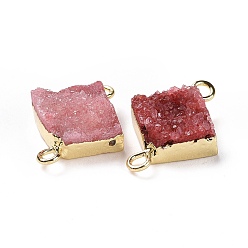 Rouge Indien Connecteurs de liens de quartz druzy naturel, avec les accessoires en laiton, carrée, argenterie, rouge indien, 16~18x13~14x6~8mm, Trou: 2mm