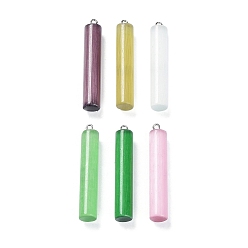 Mixed Color Cat Eye Big Pendants, with Platinum Tone Iron Loops, Column Charms, Mixed Color, 53.5x10mm, Hole: 2mm