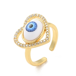 Azul Anillo de puño abierto con corazón de circonitas cúbicas y mal de ojo con acrílico., joyas de latón chapado en oro real 18k para mujer, sin plomo y cadmio, azul, tamaño de EE. UU. 6 1/2 (16.9 mm)
