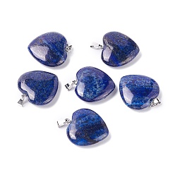 Lapis Lazuli Pendentifs en lapis-lazuli teints naturels, cœur, avec les accessoires en laiton de tonalité de platine, cœur, 27~28x24.5~26x6~8.5mm, Trou: 2.4x5.6mm
