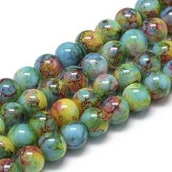 Vert De Mer Clair Cuisson perles de verre peintes brins, tourbillon de perles de verre, ronde, vert de mer clair, 8~8.5mm, Trou: 1.5mm, Environ 105 pcs/chapelet, 31.8 pouce (80.7 cm)
