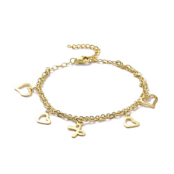 Golden 304 Stainless Steel Double Chains Multi-strand Bracelets, Heart & Bowknot 201 Stainless Steel Charm Bracelet for Women, Golden, 7-1/4 inch(18.4cm)