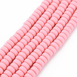 Pink Brin de perles pate polymère faits à la main , pour les fournitures de bricolage bijoux artisanat, plat rond, rose, 6~7x3mm, Trou: 1.5mm, Environ 113~116 pcs/chapelet, 15.55 pouces ~ 16.14 pouces (39.5~41 cm)