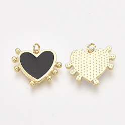 Black Brass Pendants, with Enamel, Heart, Golden, Black, 19x23x2.5mm, Hole: 3mm, Ring: 5x0.8mm