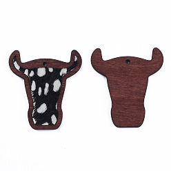 White Eco-Friendly Cowhide Leather Big Pendants, with Dyed Wood, Cow's Head with Leopard , White, 55x50x3mm, Hole: 2.5mm