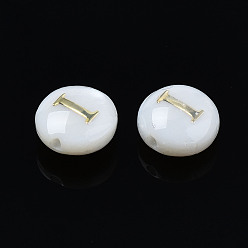 Letter I Natural Freshwater Shell Beads, with Golden Plated Brass Etched Metal Embellishments, Flat Round with Letter, Seashell Color, Letter.I, 6x4mm, Hole: 0.8mm