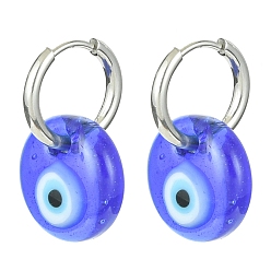 Color de Acero Inoxidable Pendientes de aro colgantes de mal de ojo de murano azul, 304 joyería de acero inoxidable, color acero inoxidable, 24x15 mm