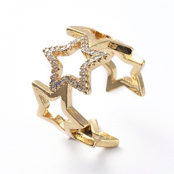 Golden Adjustable Brass Cuff Finger Rings, with Micro Pave Cubic Zirconia, Hollow Star, Clear, Golden, Size 7, 17.2mm