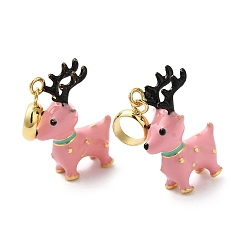 Pink Christmas Rack Plating Brass Pendants, with Enamel, Long-Lasting Plated, Golden, Elk Charm, Pink, 21x15x7.5mm, Hole: 5.5mm