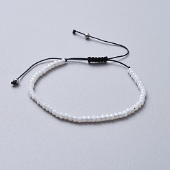 White Adjustable Electroplate Glass Braided Bead Bracelets, with Nylon Thread and 304 Stainless Steel Spacer Beads, White, 1-5/8 inch~3 inch(4.1~7.8cm)