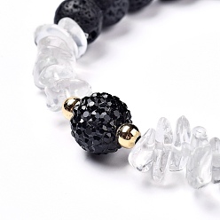 Jet Stretch Bracelets, with Natural Lava Rock Round Beads & Quartz Crystal Chips Beads, Brass Beads and Rhinestone Pave Disco Ball Beads, Jet, Inner Diameter: 2 inch(5.2cm)