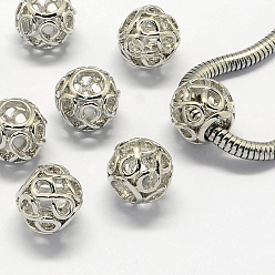 Platine Perles européennes en alliage, Perles avec un grand trou   , rondelle, creux, platine, 11x9.5mm, Trou: 5mm