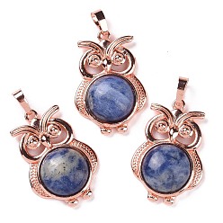 Sodalite Natural Sodalite Pendants, Owl Charms, with Rose Gold Tone Rack Plating Brass Findings, 35x23.5x8~9mm, Hole: 8x5mm