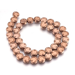 Copper Plated Electroplate Non-magnetic Synthetic Hematite Bead Strands, Flat Round with Moon & Star, Copper Plated, 9.5~10x4mm, Hole: 1mm, about 40~41pcs/strand, 15.3 inch~15.7 inch(39~40cm)