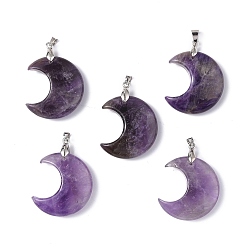 Amethyst Natural Amethyst Pendants, Moon Charms, with Platinum Tone Brass Findings, 35x27x10mm, Hole: 10x4mm