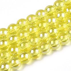 Amarillo Electroplate transparentes cuentas de vidrio hebras, color de ab chapado, rondo, amarillo, 6~6.5 mm, agujero: 1.4 mm, sobre 67~70 unidades / cadena, 14.76 pulgada ~ 15.16 pulgada (37.5~38.5 cm)