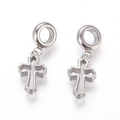 Stainless Steel Color 304 Stainless Steel European Dangle Charms, Large Hole Pendants, Cross, Stainless Steel Color, 28mm, Hole: 5mm, Pendant: 16.5x10x3mm