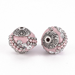 Flamant Perles Indonésiennes manuelles, avec des strass et des noyaux en alliage, ronde, argent antique, flamant, 14~16x14~16mm, Trou: 1.5mm