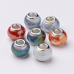 Mixed Color Electroplate Imitation Jade Glass  European Beads, with Silver Color Plated Brass Double Core, Full Rainbow Plated, Large Hole Rondelle Beads, Mixed Color, 14~15x11mm, Hole: 4.5~5mm