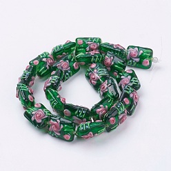 Dark Green Handmade Bumpy Lampwork Beads Strands, Rectangle with Flower, Dark Green, 17.5~18x14x11~13mm, Hole: 2mm