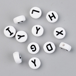 White Opaque Acrylic Beads, with Enamel, Horizontal Hole, Flat Round with Initial Letter, Black, White, 9.5x4.5mm, Hole: 2mm, 1580pcs/500g