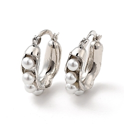 Platine Boucles d'oreilles créoles épaisses en perles d'imitation abs, bijoux en laiton de placage de rack pour les femmes, platine, 28x25x8mm, pin: 0.7x1 mm