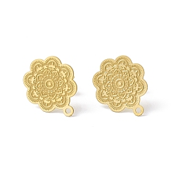 Golden 304 Stainless Steel Stud Earrings Finding, Flower, with Horizontal Loop, Golden, 17.5x15mm, Hole: 1.2mm, Pin: 0.85mm