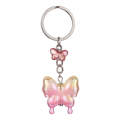 Hot Pink Glass & Acrylic Butterfly Keychain, with Iron Keychain Ring, Hot Pink, 8.5cm