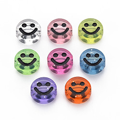 Mixed Color Transparent Acrylic Beads, with Glitter Powder, Flat Round with Black Enamel Smile Face, Mixed Color, 10x5mm, Hole: 2mm, about 1450pcs/500g