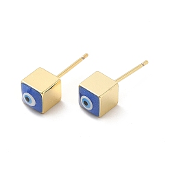 Blue Long-Lasting Plated Cube with Enamel Evil Eye Stud Earring, Real 18K Gold Plated Brass Jewelry for Women, Blue, 6x6mm, Pin: 0.8mm