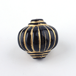 Noir Perles acryliques de placage lanterne, métal doré enlaça, noir, 14x14mm, trou: 2 mm, environ 368 pcs / 500 g